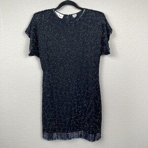 Vintage Laurence Kazar Black Silk Beaded Evening Cocktail Shift Dress Sz MP